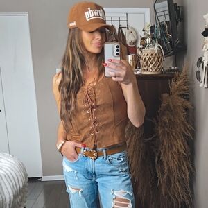 NWT Westfade Faux Suede Lace-Up Western Vest | Brown Boho Cowgirl Top